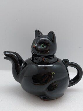 Vintage Small Black Cat Ceramic Teapot Shafford